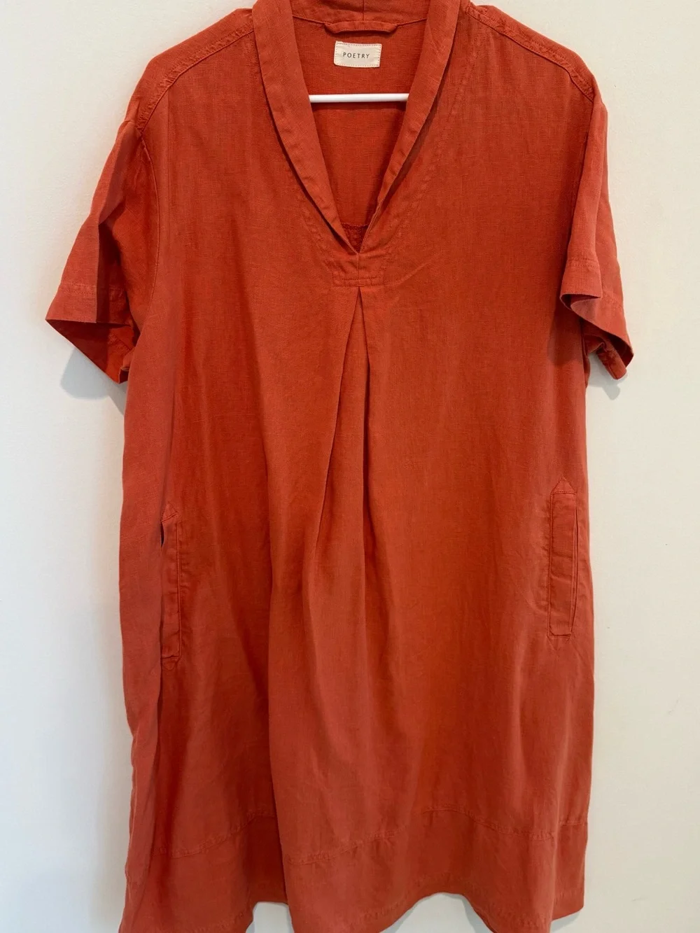 Poetry Coral-Orange V-Neck Short Sleeve linen A-Line Dress - Picture 5 of 6